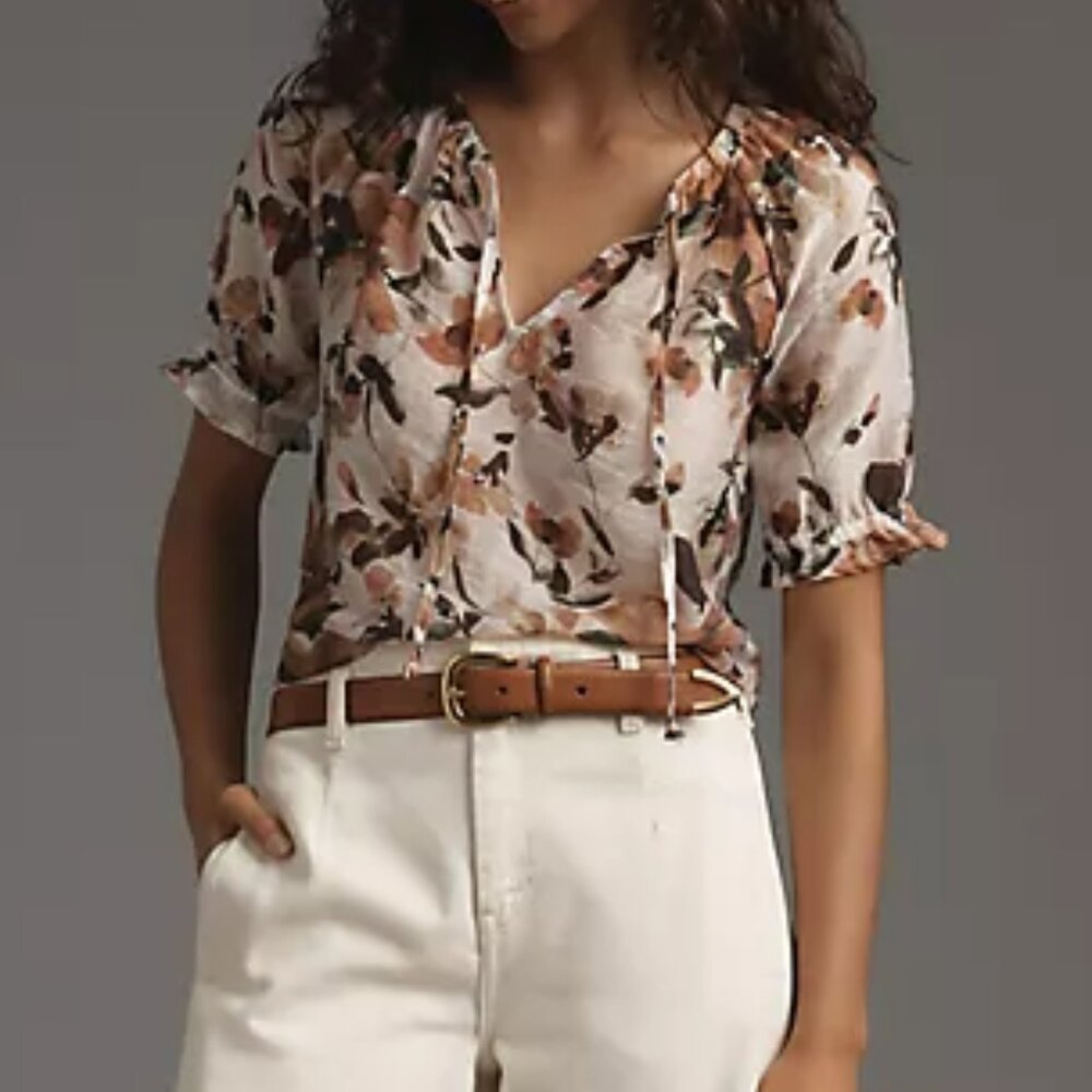 Anthropologie Cloth & Stone Short Sleeve Ruffle Tie-Neck Top